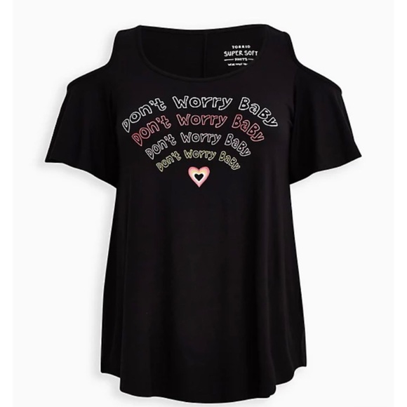 NEW Torrid 5 Super Soft Don’t Worry Black Cold Shoulder Tee - Picture 5 of 9